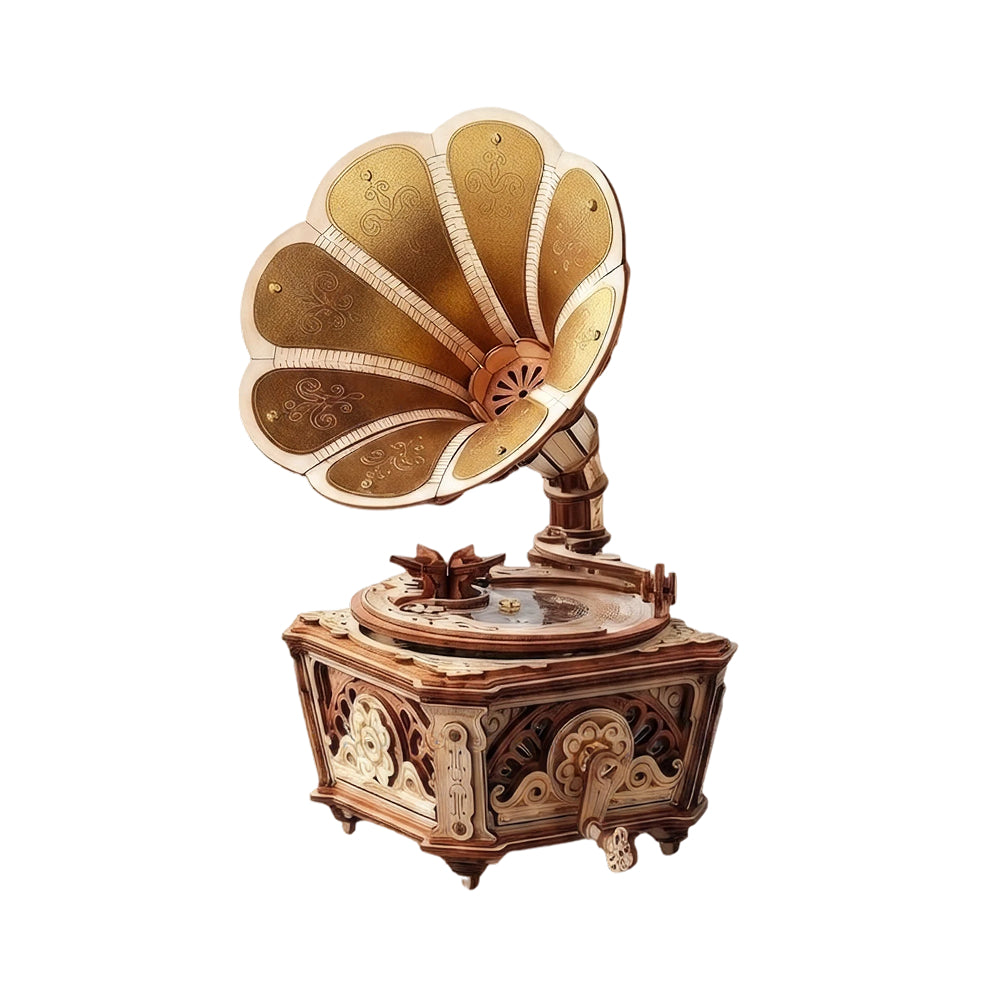 Gramophone Vintage - Boîte à Musique Mécanique - Puzzle 3D en Bois