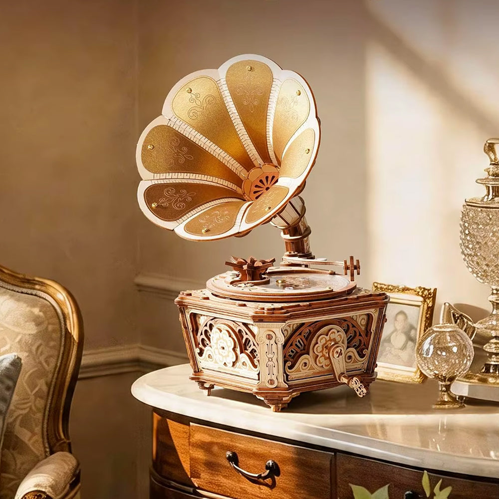 Gramophone Vintage - Boîte à Musique Mécanique - Puzzle 3D en Bois